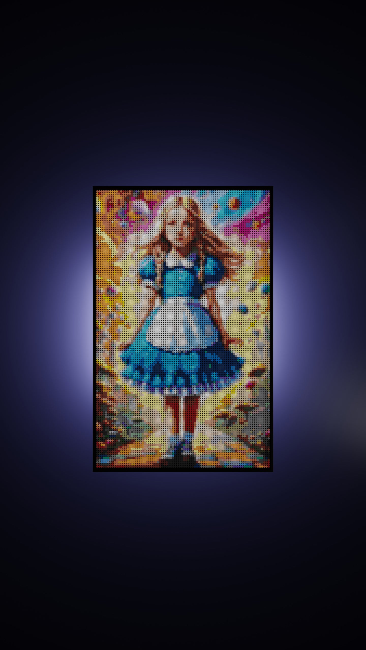 Alice in Wonderland LEGO® Style mosaic wall art made from colorful plastic bricks